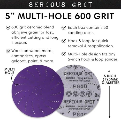 Image of Serious Grit - 5-Inch P600 Grit Ceramic Multi-Hole Sanding Discs - 50 Pack