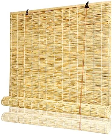 Bamboo Window Blinds Patio Woven Shades 18" 27" 32" 35" 38" 44" 60" 64" 72" 74" W Cordless Roll-up Reed Shade with Lifter, Windproof Bamboo Shades Outdoor Porch Window Curtains (Color : Natural (Whit