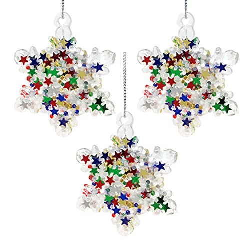 Glass Snowflake Christmas Ornaments - Set of 3 - Colorful Glittered Christmas Tree Decorations - 2.75