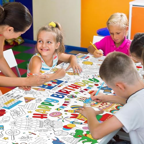 Image of Happy Birthday Giant Coloring Poster for Kids 30x72 Inch, Birthday Large Coloring Poster Tablecloth, Birthday Themed Color-in Activities Games for Kids School Classroom Home Party Supplies Decorations