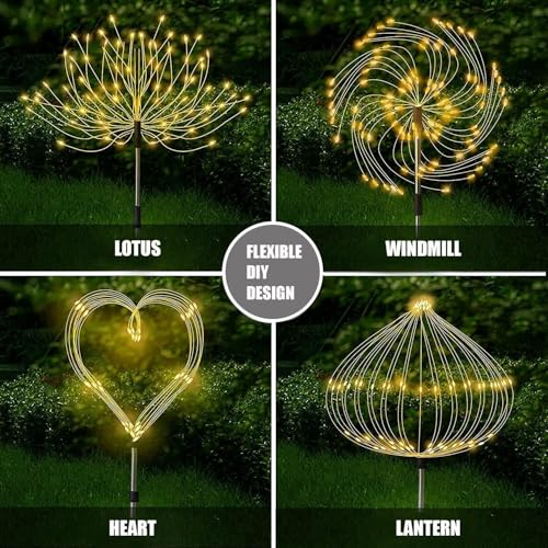Image of GIGALUMI Outdoor 90 LEDs Solar Firework Light 2 Lightning Modes Starburst Design Water Resistant Garden StringLights for Party Decor Patio Lawn Yard (Warm Yellow, Pack of 1)