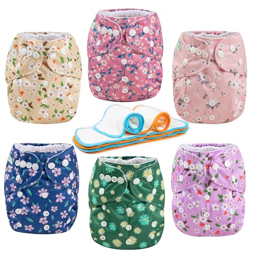 Image of Wegreeco Cloth Diapers 6 Pack with Inserts & Wet Bag, Washable Reusable Diapers for Babies, One Size Adjustable (Chrysanthemum)