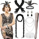 Blulu 9 Stück Damen 1920er Flapper Kleid Kostüm Set, Vintage V-Ausschnitt Paillette Perlen Schwingende Fransen Flapper Kleid mit Roaring 20er Zubehör für Party (L)