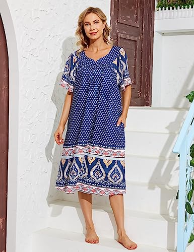 Image of Bloggerlove Mumu House Dress for Women with Pockets Short Sleeve Nightgowns | 15% Cotton, 80% Polyester, 5% Spandex, Floral Mumu House Dress, V-Neck, Short Sleeves, Midi Length, 2 Side Pockets, Lounging