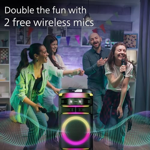 Image of PHILIPS TAX3004 300W Bluetooth Party Speaker with 2 Free Wireless Mic, Powerful Sound, Deep Bass, RGB Lights, LED Display, Portable Loudspeaker with USB, AUX, DJ Party Effects for House Party