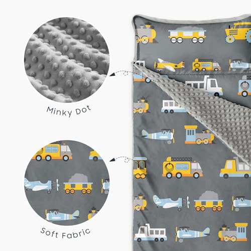 Image of Wake In Cloud - Toddler Nap Mat with Pillow and Minky Fleece Blanket, for Kids Boys Ages 3 Plus in Daycare Preschool Kindergarten, Roll Up Sleeping Bag, Planes Trains Trucks