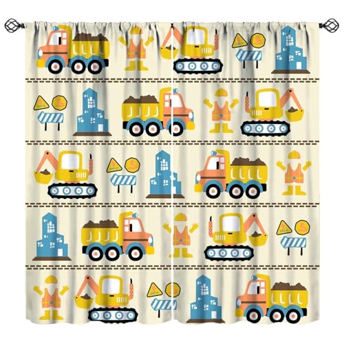 Cartoon Car Curtains for Kids Boys Bedroom Decor Construction Tractor Trucks Excavator Art Printed Blackout Window Treatment Fabric 2 Panel W21xL45in