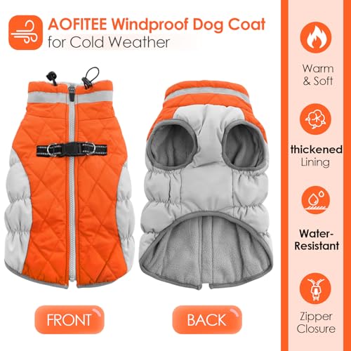 Image of AOFITEE Dog Coat, Warm Dog Jackets for Large Dogs, Reflective Turtleneck Dogs Winter Coat with Harness Built in, Waterproof Windproof Pet Snow Jacket Fleece Vest for Cold Weather, Orange XXL