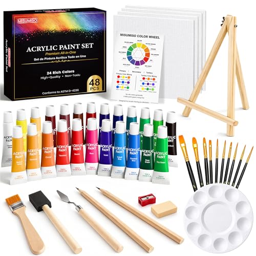 MISUMISO Acrylic Paint Kit for Beginners 24 Colors Complete Painting Set with 4 Canvas Panels 10 Brushes Wooden Easel Palette & Art Supplies All-in-One Paint Set for Adults & Teens