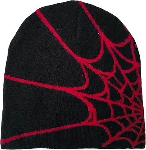 Spider Web Y2k Beanie Mütze, Mode Strickmütze, Warme Hip Hop Kopfbedeckung für Herren und Damen (Acryl, Schwarz Rot)