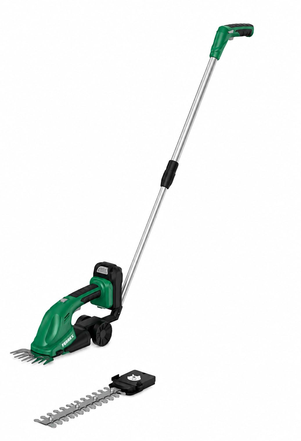 Ferrex GDSS20 Akku-Grasschere und Strauchschere mit Teleskopstange | 2.500 Schnitte/min, Schnellwechselsystem, Kopf 180° drehbar, Winkel- und höhenverstellbar, Lasergeschnittene Messer
