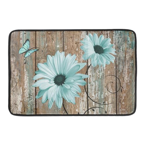 Giwawa Rustic Daisy Dish Drying Mat for Kitchen Countertop 18x24 inch Teal Sunflowers on Wooden Board Dish Drainer Mats Fast Drying Country Vintage Shabby Chic Flower Dish Drying Pad Decor Large
