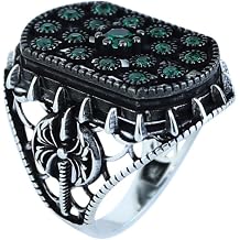 925 Silver Vintage Emerald Stone Ring, Large Green Engraved Turkish Handmade, Ottoman Style Ring