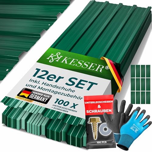 KESSER® 12 chapas perfiladas, trapezoidales perfiladas 129 x 45 cm = 7 m², Chapa de Techo para caseta de Herramientas, Paneles de Techo de Acero galvanizado 0,25 mm, Incl. Guantes de Montaje, Verde