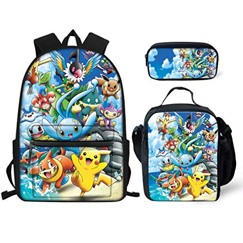 Aulaygo Po-ke-mon Pi-ka-chu School Backpack Set Durable Book Bags Lunch Box Pencil Case