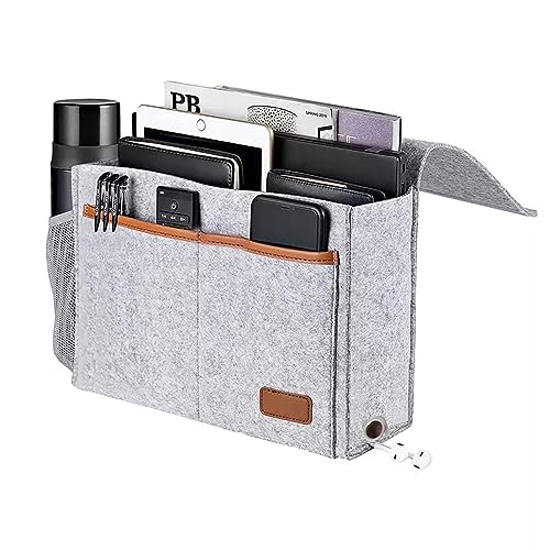 KAKKOII Bedside Caddy,Felt Bedside Storage Organizer, Hanging Storage for Dorm Bed Sofa for tablet Magazine Phone Remotes and Water Bottle Holder (Light Grey)