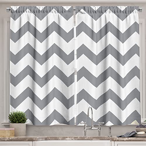 Ambesonne Grey Kitchen Curtains, Grey And White Chevron Pattern Classic Geometrical Horizontal Zig Zag Stripes Retro, Window Drapes 2 Panel Set For Kitchen Cafe Decor, 55" X 39", Grey White #TOP9