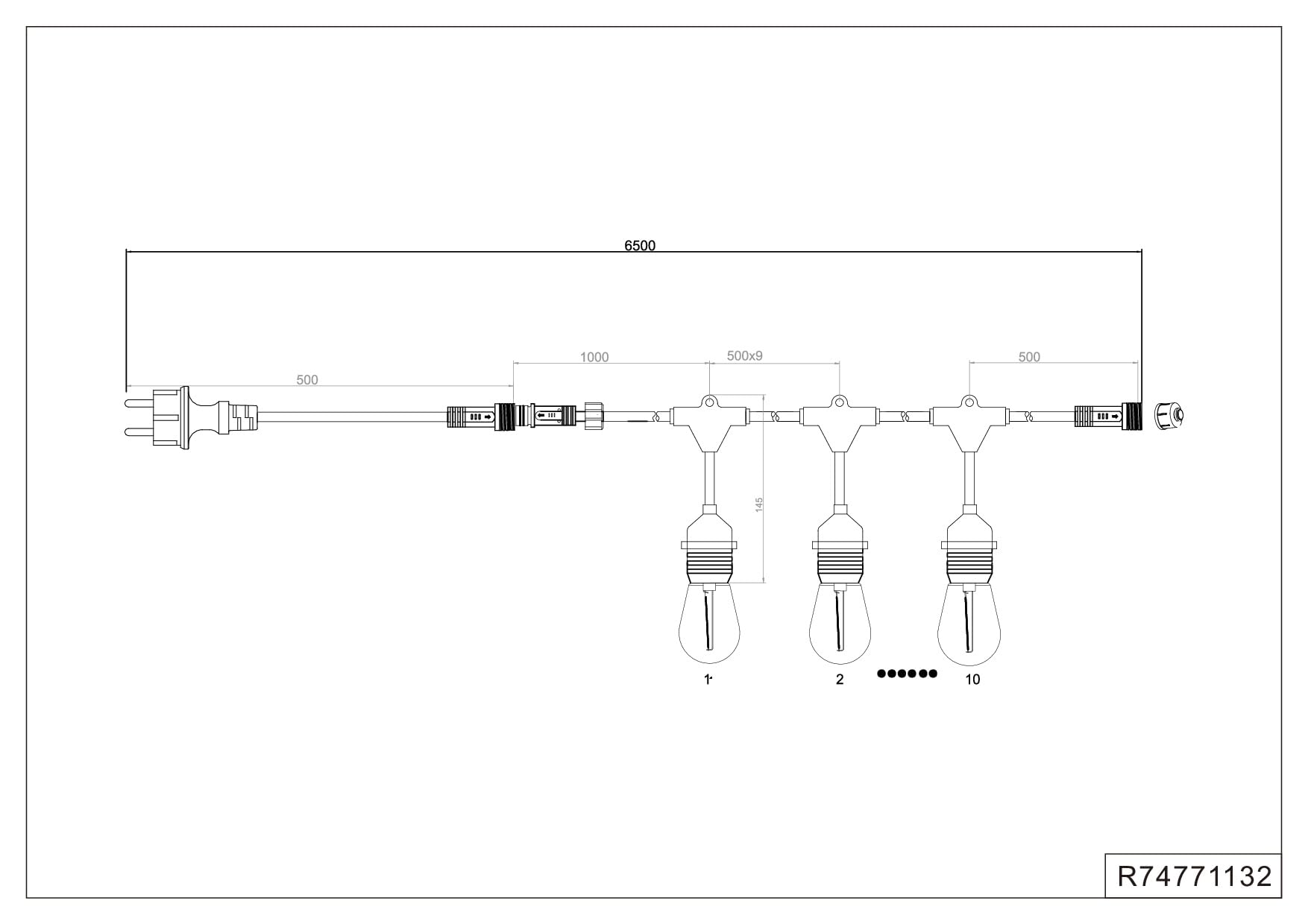 Reality Leuchten R74771132 - Cadena de luces LED para exterior (plástico, incluye 10 bombillas LED E27 de 1 W, longitud 6,5 m), color negro