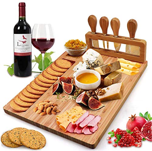 Bamboo Cheese Board Set Charcuterie Platter and Serving Meat Board Including 4 Stainless Steel Knife and Serving Utensils Unique Gifts for Christmas Wedding Birthday Anniversary(36.3x28.4cm)