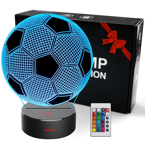 OceanWings Soccer Gifts 3D Night Light for Boys 8-12, Christmas Stocking Stuffers for Teens Girls Optical Illusion Lamp Nightlight with Remote Control 16 Color Touch Bedroom Valentines Day Decor