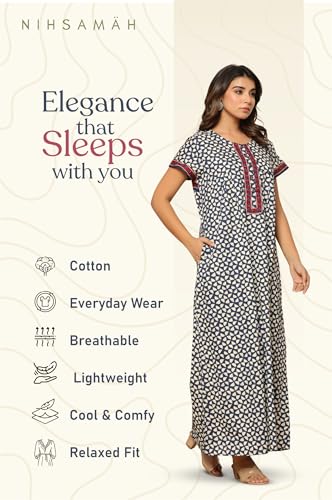 Image of NIHSAMAH Cotton Nighty for Women with Pocket, Premium Printed Long Nighty | Comfortable & Fancy Sleepwear /Nightwear