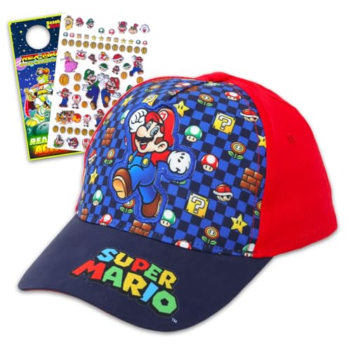 Nintendo Boné de beisebol Super Mario, pacote de boné de beisebol de Mario para crianças com boné de beisebol de Super Mario para crianças, mais decalques, cabide de porta, acessórios de Super Mario