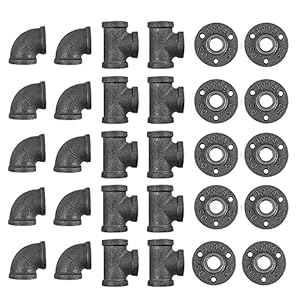 30 Pack 1/2 Inch Cast Iron Pipe Fittings (10 Elbows, 10 Tees, 10 Flange), DIY Steampunk Industrial Vintage Style.
