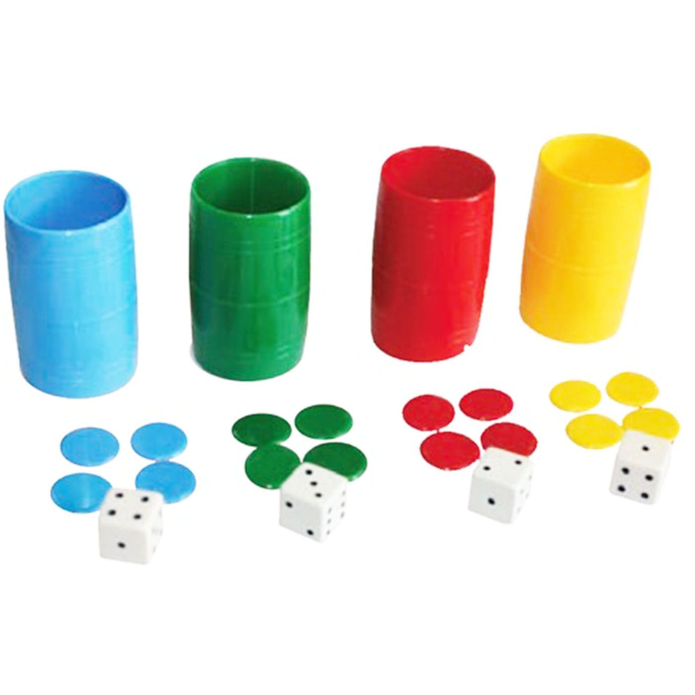Set de Cubiletes de Plástico para Parchís y Oca, con Dados y Fichas, Multicolor (Set 4 cubiletes - Multicolor)