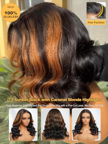 Image of Sunber Bye Bye Knots 7x5 Lace Black with Caramel Blonde Highlights Body Wave Glueless Wigs Pre Everything Pre Cut 7x5 Lace Front Pre Plucked Pre Bleached Knots 150% Density 26Inch Put On and Go Wig