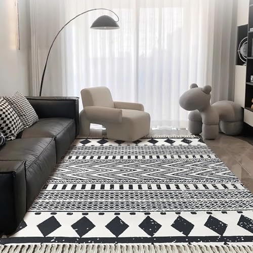 USTIDE Black and Cream Boho Rug Ultra Large Area Rug Large Hand Woven Cotton Rugs with Tassels Printed Geometric Tribal Rug for Living Room, Bedroom, Laundry Room, Courtyard 160x230cm