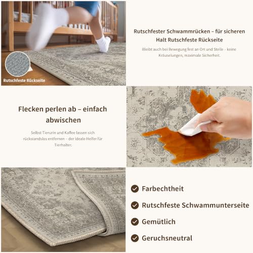 PureCozy Waschbarer Teppich Wohnzimmer 120x170cm Vintage Tepich，Beige Grau – Ansicht 4