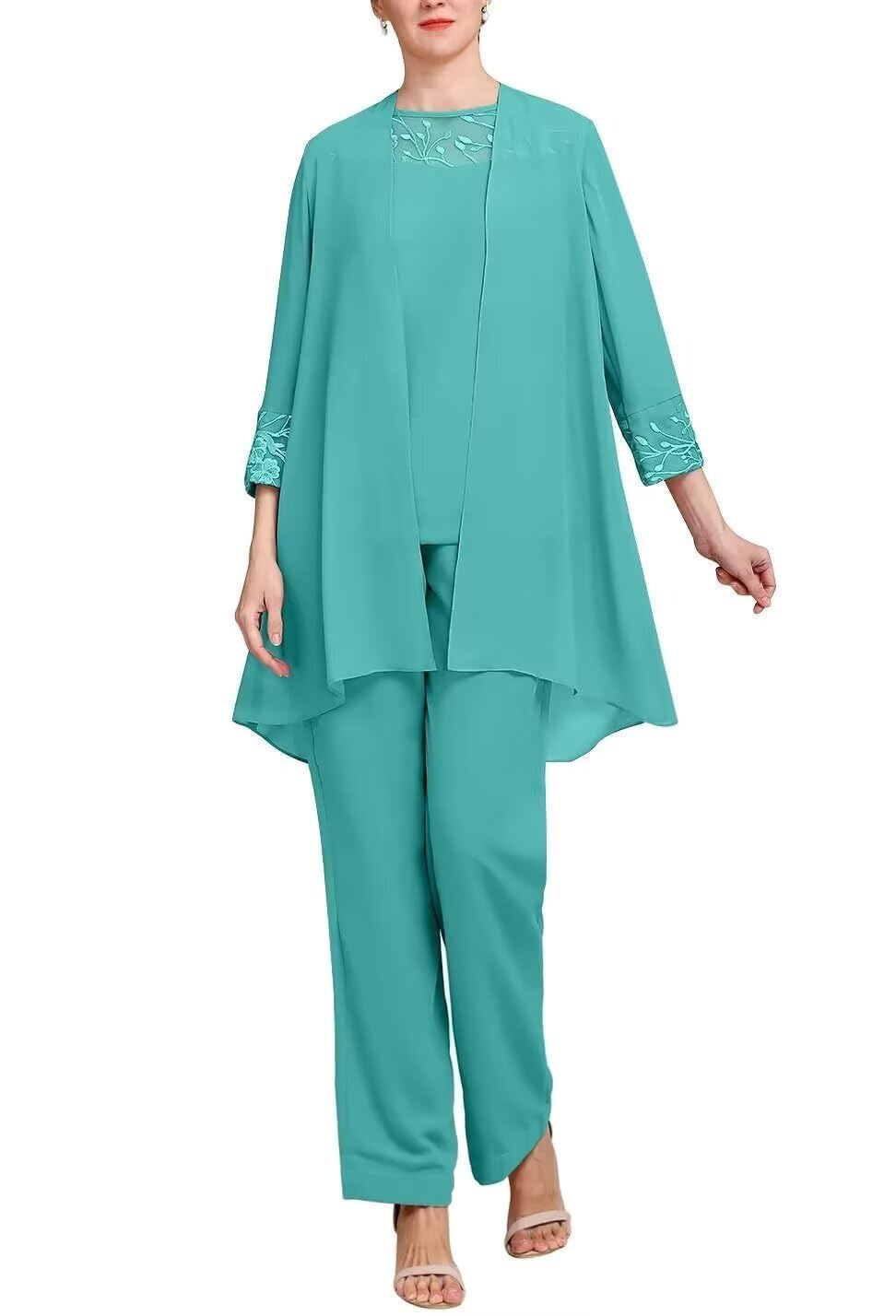 Mother of The Bride Pant Suits for Women Dressy - 3 Pieces Lace Chiffon Long Sleeves Formal Evening
