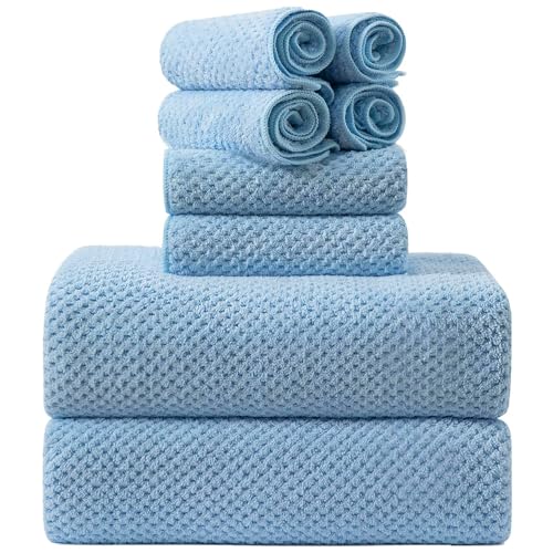 8-Piece Bath Towel Set, 2 Extra Large Bath Towel Sheets, 2 Hand Towels and 4 Washcloths - Highly Absorbent Quick Dry Microfiber,Ultra Soft Towel Set for Bathroom, Waffle Weave Design, Pack of 8(Blue)