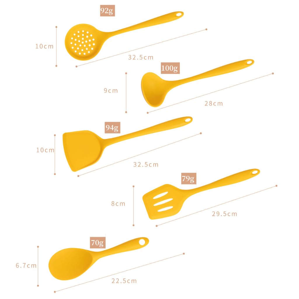 Utensilios de cocina, cuchara de arroz de silicona, pala de herramientas de cocina resistente al calor con cucharas para servir amarillas ranuradas
