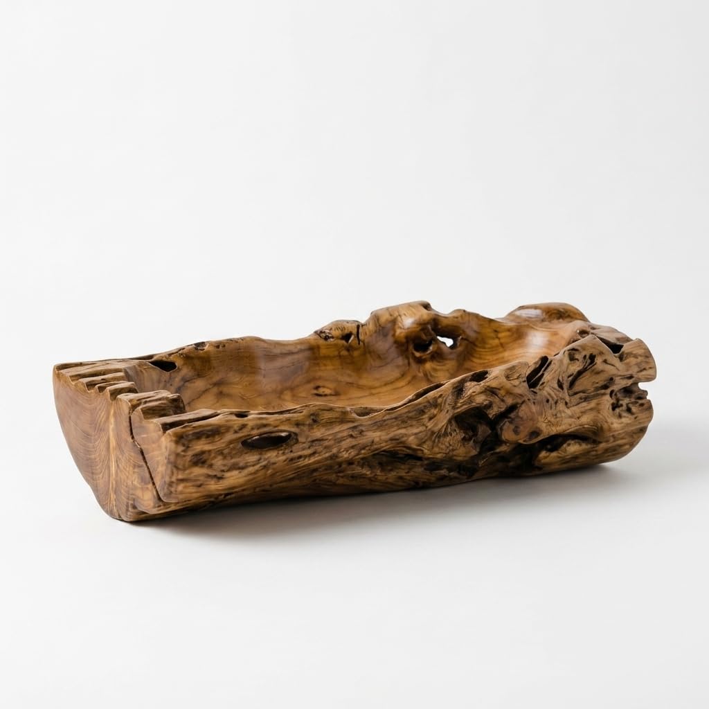 Kinaree Große Holzschale aus Teak-Wurzelholz 55–65 cm – Handgefertigte Obstschale aus Massivholz – Organische Dekoschale & Servierschale – Unikat