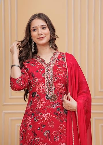 Image of MANHAREE | Women's Rayon Printed Straight Kurta with Pant & Dupatta Set