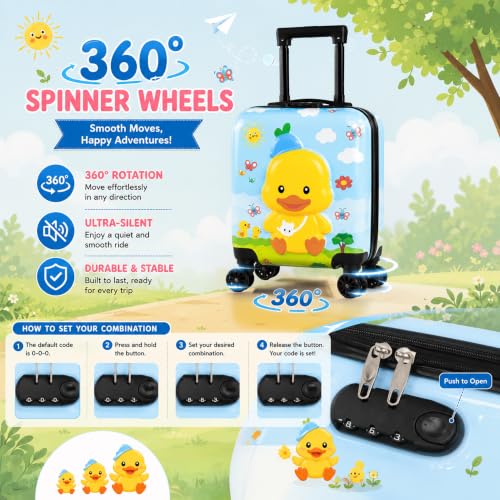 Image of Storite 18In Kids Luggage Trolley Hard Shell Cabin Suitcase | Cute Cartoon Duck Design Suitcase Ideal For School Trips Vacations Holidays And Weekend Travel (Blue - 35 x 23 x 38 Cm)