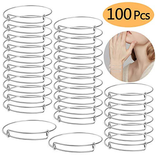 UPINS 100Pcs Expandable Blank Bangle Bracelets Adjustable Wire Bracelets for DIY Jewelry Making, Silver