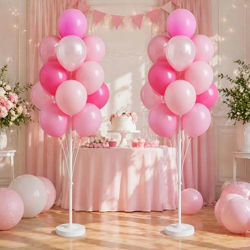 Image of 2 Sets Champagne Gold Balloon Stand Kit-Balloon Column Holder with Metallic Rose Balloons for Birthday, Wedding,Baby Shower,Graduation,Anniversary Party Decorations Centerpiece(Blossom Pink)