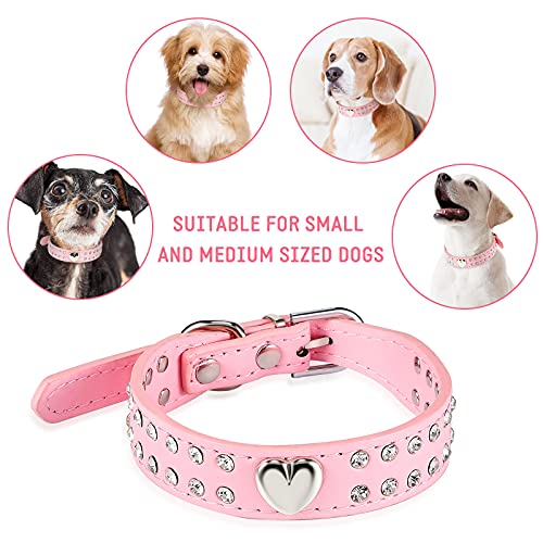Kristall Hundehalsband Bling Strass Welpenhalsband mit Nieten PU Leder Haustier Halsband Verstellbares Halsband für Kleine und Mittelgroße Hunde (Herz Kristall, 37 x 2 cm)