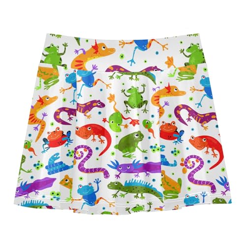 Aflyko Girls Pleated Skater Skirt Rainbow Cartoon Frog Lizard Snake High Waist Cheerleading Dress Dance Skort with Lining Shorts Weekend Date Outfit Short Bottoms, 9-10Y
