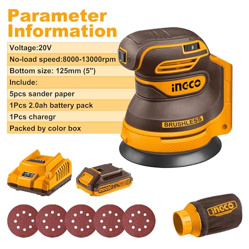 INGCO 20V Cordless Random Orbit Sander 125mm, Brushless Motor, 6 Variable Speeds, Electric Sander Ideal for Sanding, Polishing Wood, Home Improvements CROSLI20021 - Image 6