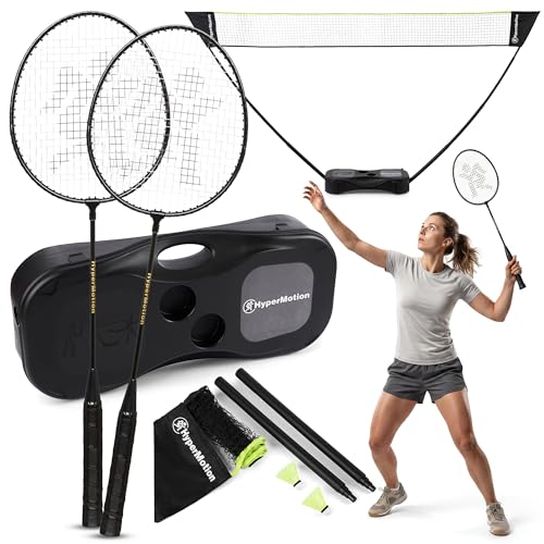 HyperMotion Badminton Set mit Netz und Schlägern Teleskoppfosten und Transportkoffer Stahl und Kunststoff Netz 280×30 cm Schläger 66×20 cm Schwarz