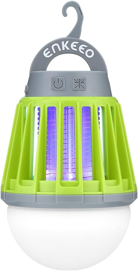ENKEEO 2-in-1 Camping Lantern Bug Zapper Tent Light - Portable IPX6 Waterproof Mosquito Killer LED Lantern with 2000mAh Rechargeable Battery, Retractable Hook, Removable Lampshade (Green)