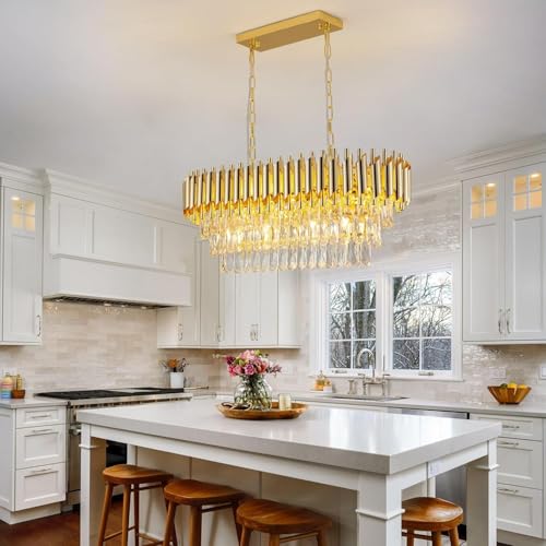 Image of Desidiya Modern Led Rectangle Crystal Chandelier 3 Tier Jhumar with Gold Finish Luxury Ceiling Light Fixture Elegant Light for Living Room, Dining Room, Foyer or Bedroom (800 * 300MM)
