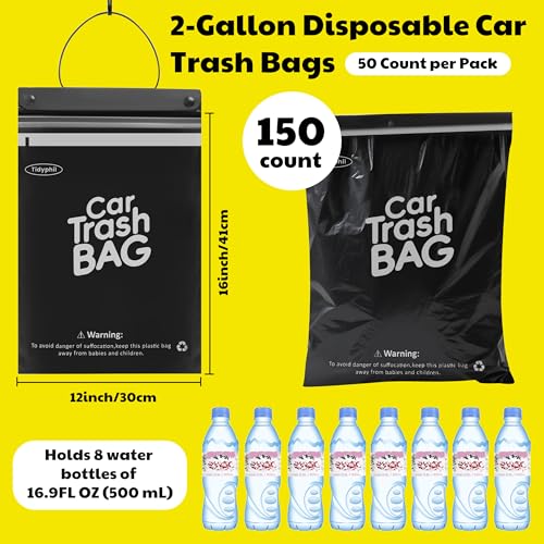 Image of 150 Bags Hanging Car Trash Bags Disposable, 2 Gallon Car Garbage Bags.Black