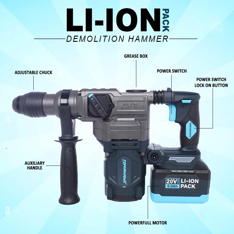 Image of TOMAHAWK DHM-6600 Cordless Demoliation Hammer Heavy-Duty Jack Hammer With 3800R /Min Impact Frequency Premium 1200W-Dual Handle,Double Chisel Set-Ideal For Demolition,Trenching (Demolition-Hammer)