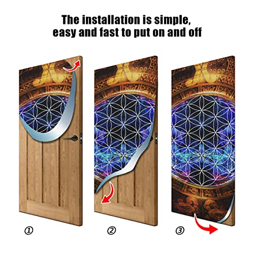 Poeticcity Ancient Mayan Calendar Purple Gold Pattern Flower of Life Door Cover, Washable Fabric Durable Door Decoration Silk Microfiber for Front Door Porch Home Indoor Outdoor Party 35x79 inches