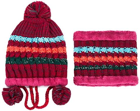 Women Knitted Hat Scarf Set Winter Warm Thicken Crochet Bobble Pom Pom Beanie Hat Cap Outdoor Ski Snowboard Cycle Bobble Hemming Hats with Fleece Lining