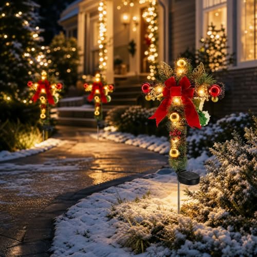 Cross-shaped Solar Lights Outdoor with Bow, Solar Christmas Garden Lights - image 4